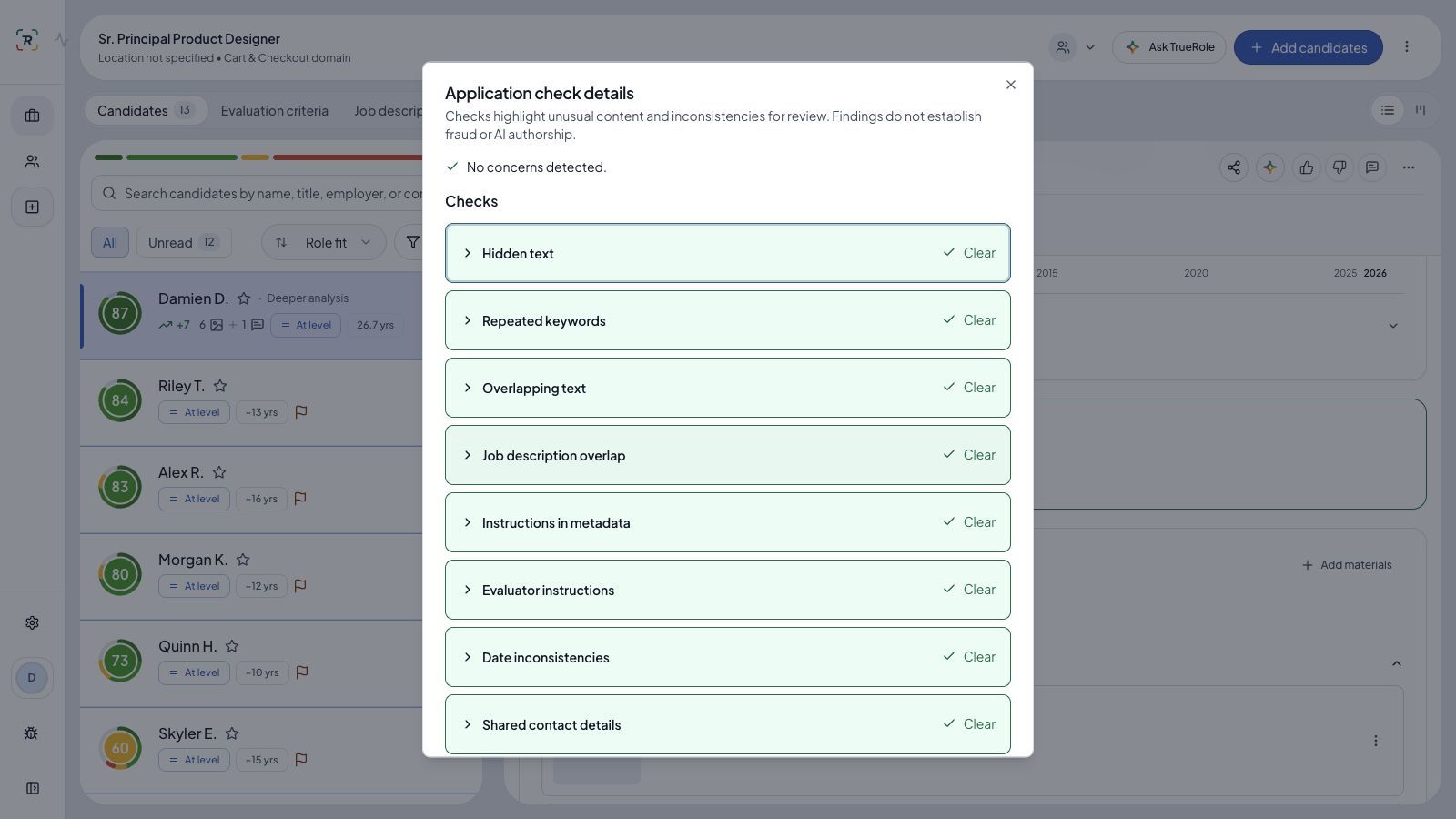 Application Checks shows the overall status and Clear results for document and content checks