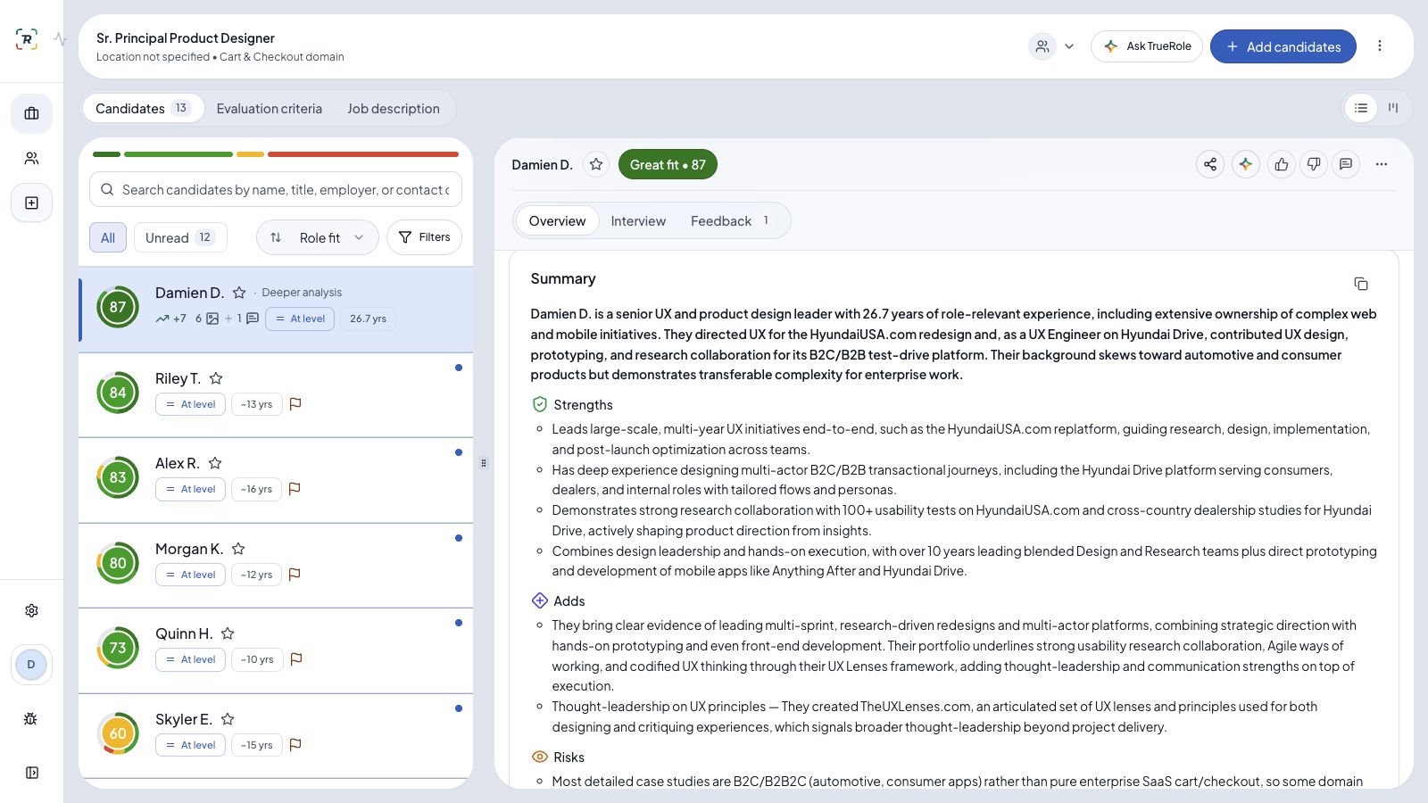 The Overview summary and strengths alongside the candidate list
