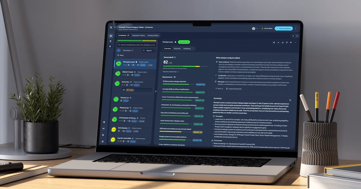 TrueRole on a laptop, showing sample candidate data alongside role requirements, fit indicators, and supporting evidence