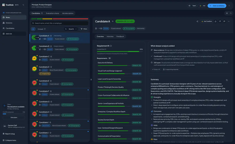 TrueRole candidate profile showing role fit, supporting evidence, and areas for further review.